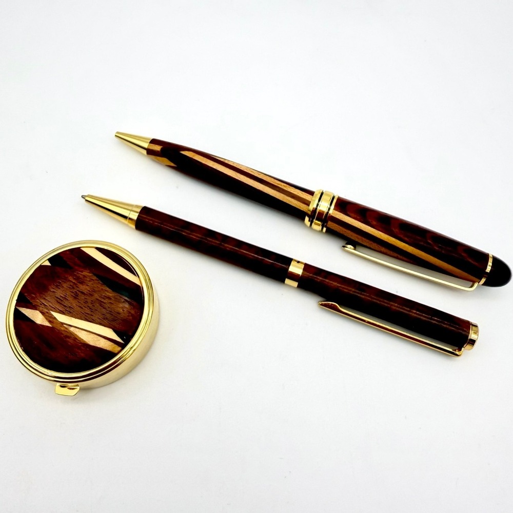 Davin‎ Kesler Wood Pen Pencil Pillbox Set Vintage Inlay Gold-Tone West Germany